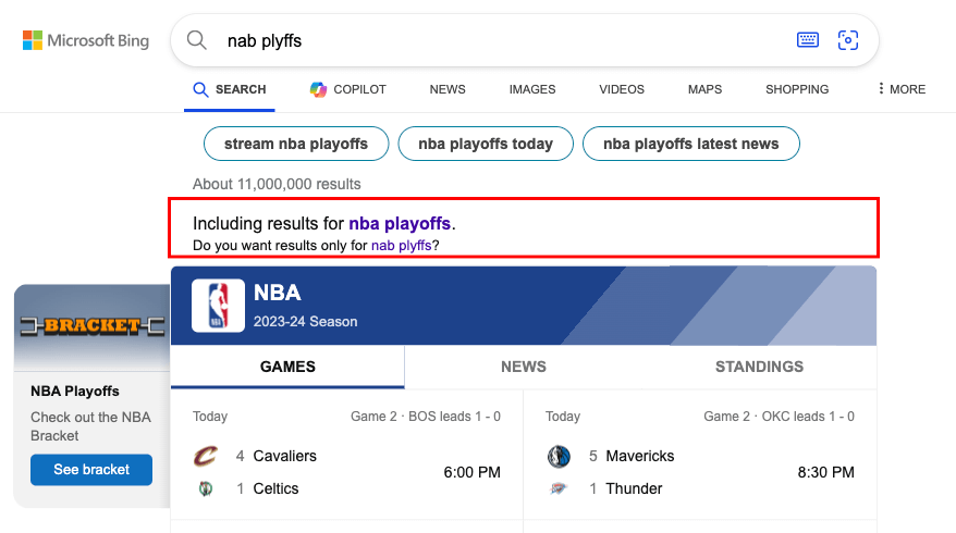 Some results for exact spelling but showing fixed spelling: 'Including results' and 'Do you want results only for' links are shown