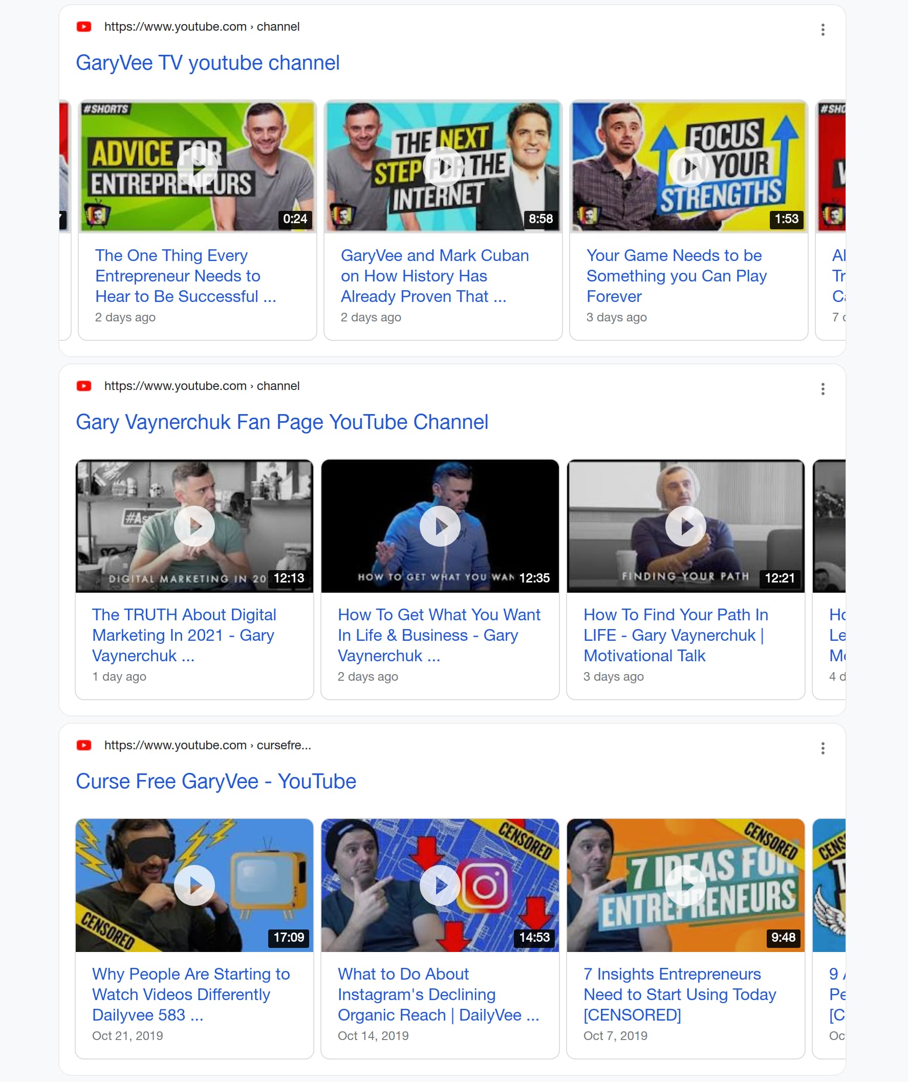 Carousels results for: garyvee youtube channelDeprecated. You can find the same response in Organic Results API.