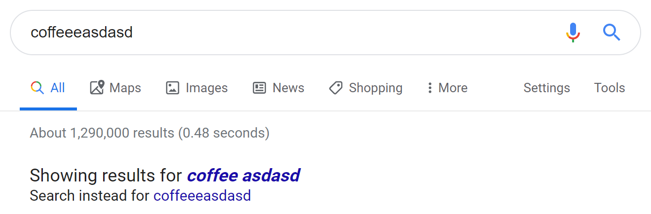 Some results for exact spelling but showing fixed spelling: "Showing results" and "Search instead" links are shown