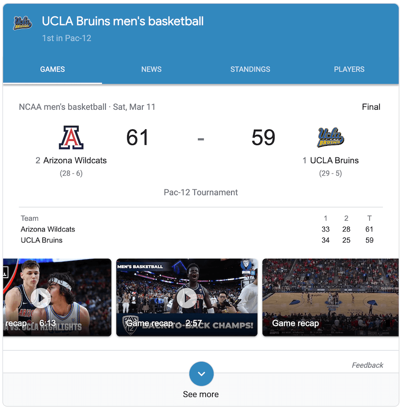 Game spotlight results (video highlights carousel)