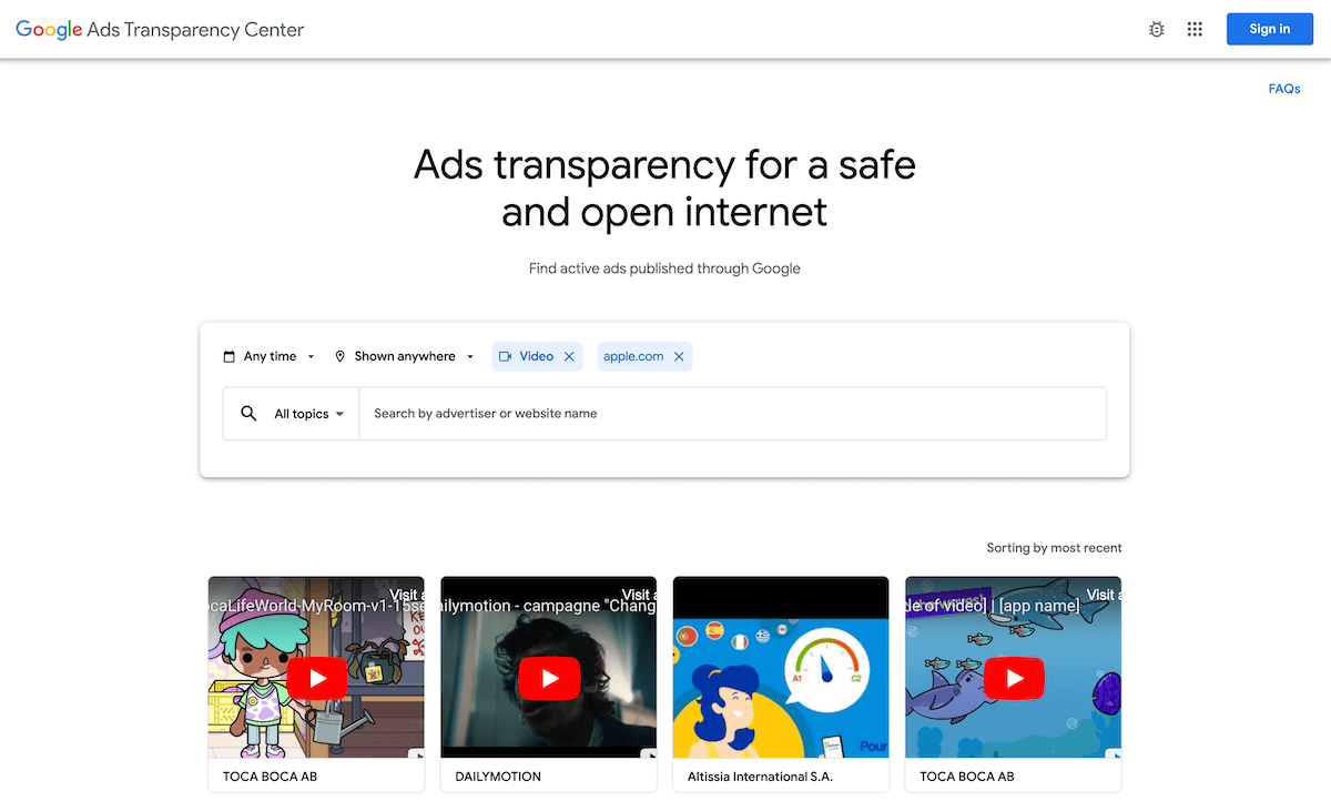 Example with text: apple.com and creative_format: video