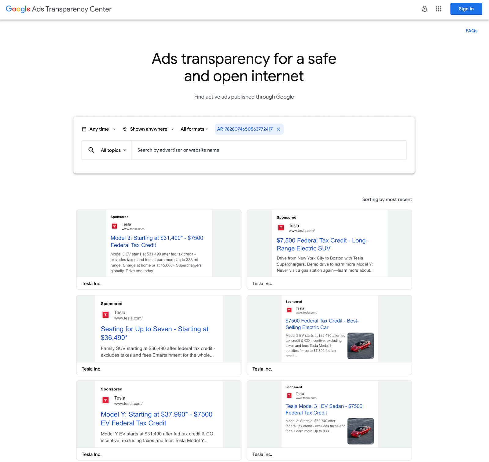 Example with advertiser_id: AR17828074650563772417 (Tesla Inc.)