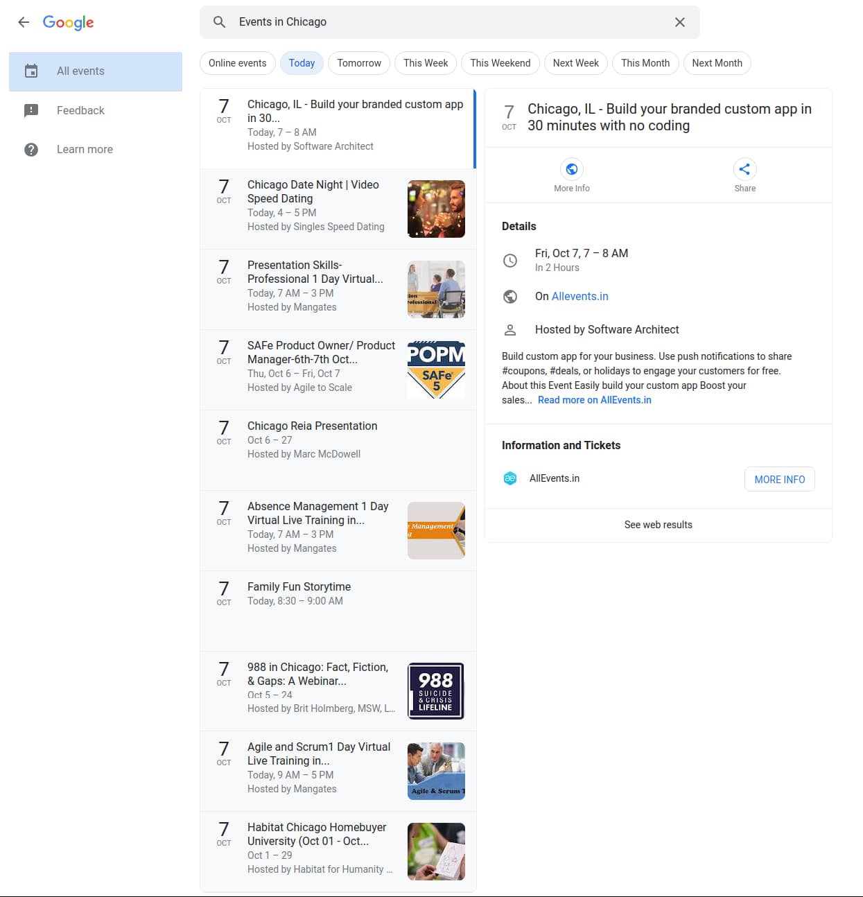 Google Events search results for q: Events in Chicago,  htichips: event_type:Virtual-Event,date:today