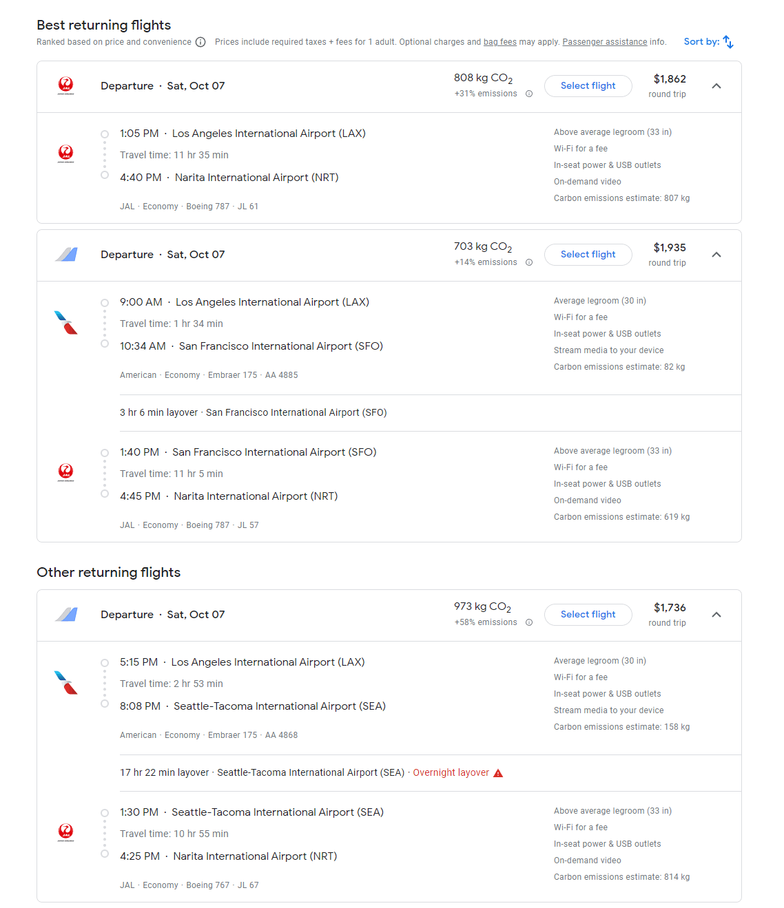 Example for returning flights with booking token