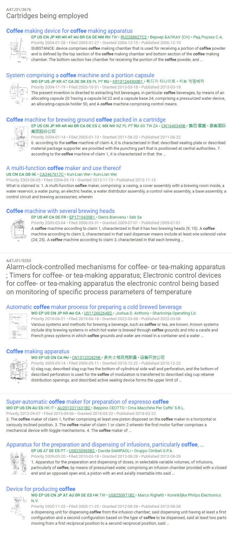 Grouped results with q: (Coffee) OR (A47J31/36) and clustered: true parameter