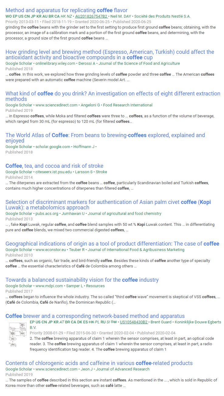 Mixed patents and scholar results with q: (Coffee) and scholar: true parameter