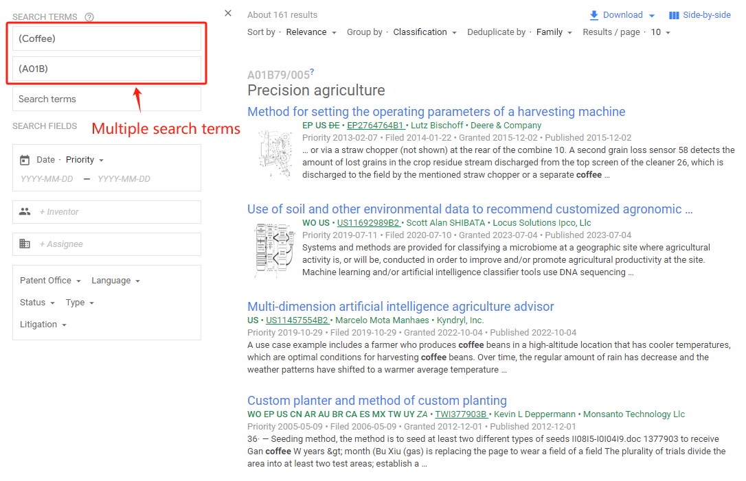 Multiple search terms q: (Coffee);(A01B) and clustered: true