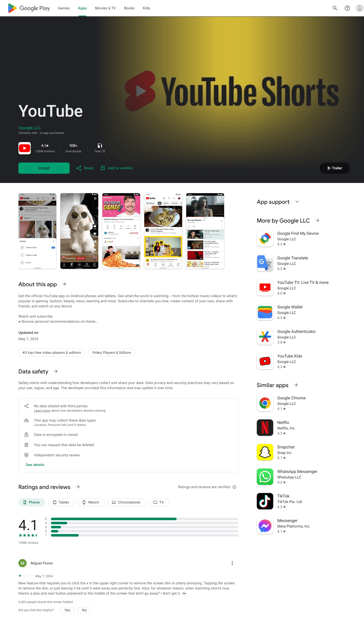 Example with store: apps, product_id: com.google.android.youtube