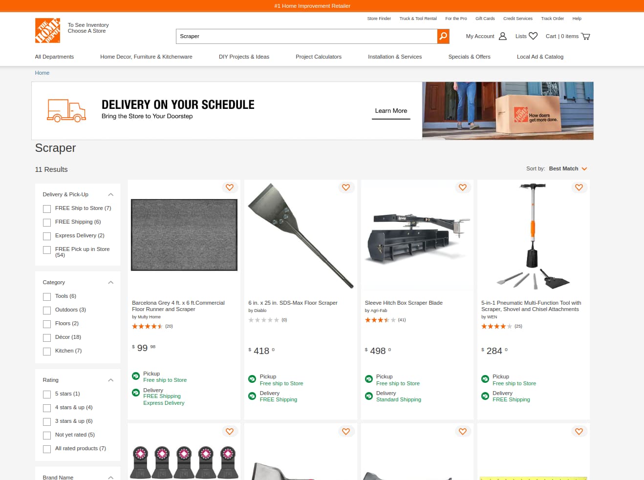 Example results for country: ca, &amp;nbspq: Scraper and minmax:price:[99 TO 500] (the Home Depot Canada)